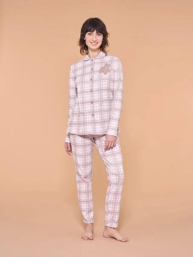 Ragno Interlock pigiama aperto tartan rosa cotone