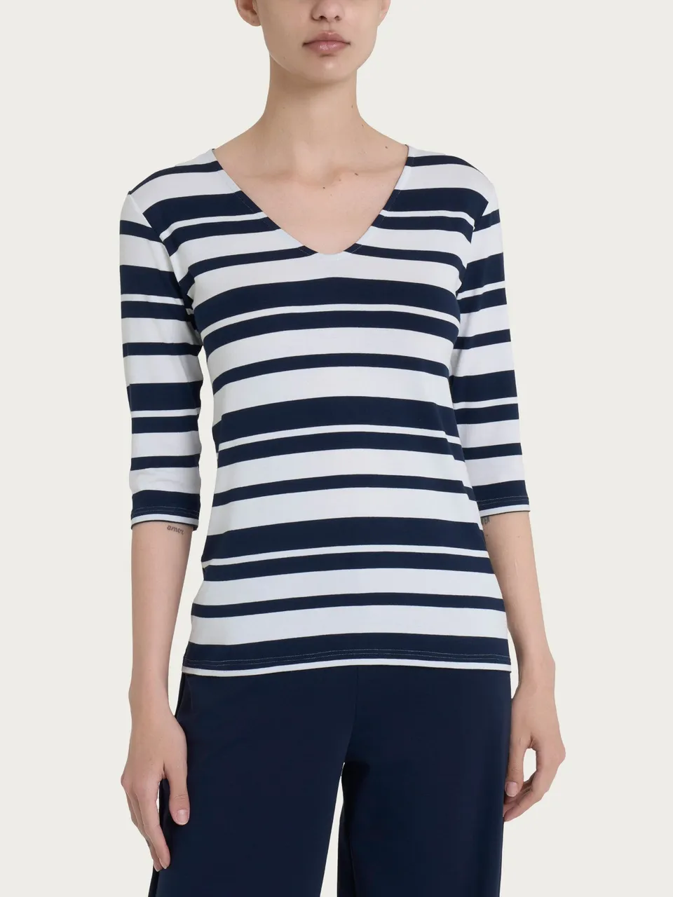 Ragno Viscosa Summer maglietta scollo V bleu righe skinny