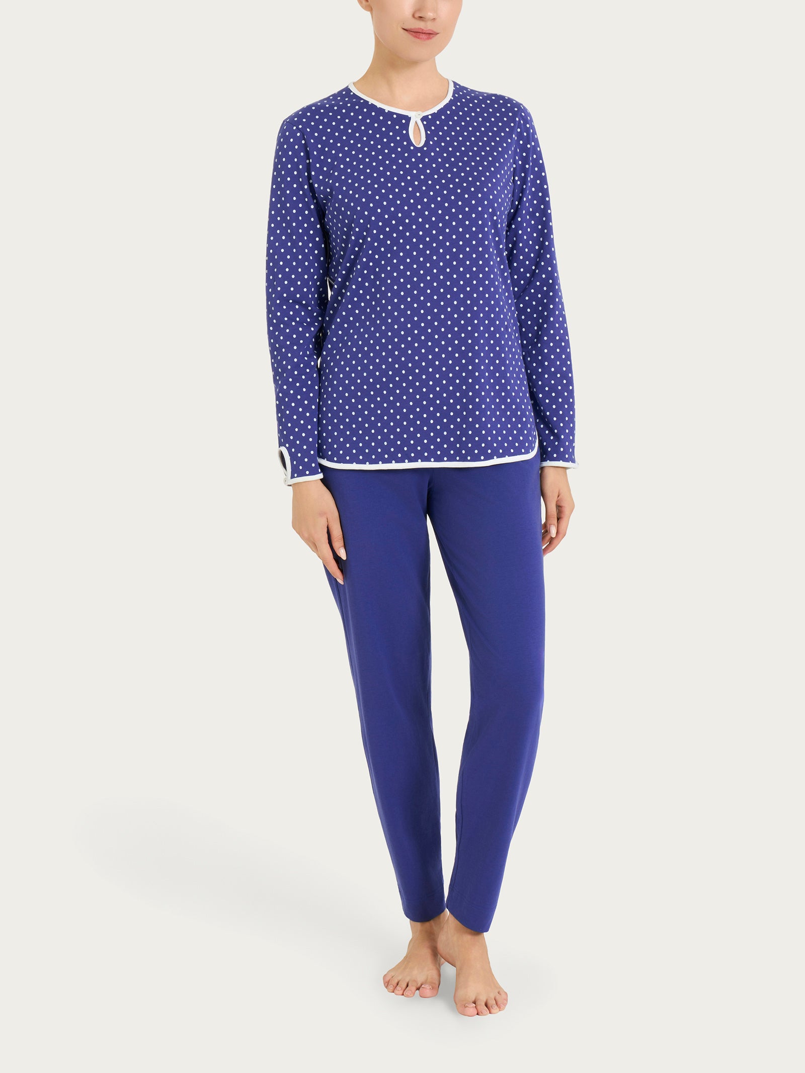 Ragno Jersey Cotone Pigiama Lungo Donna Pois Navy