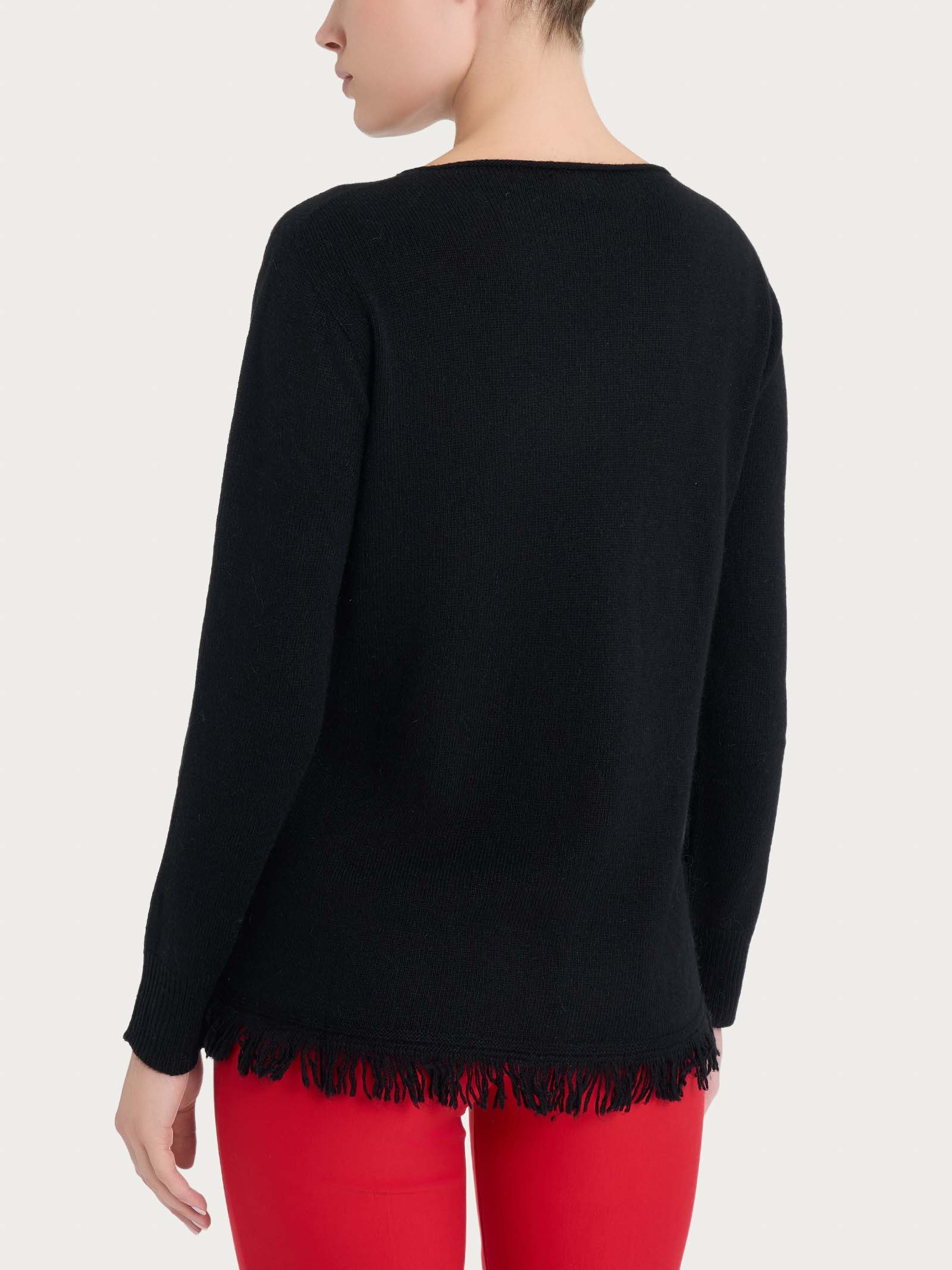 Ragno Angora Maglia Girocollo Donna Nero con Frange