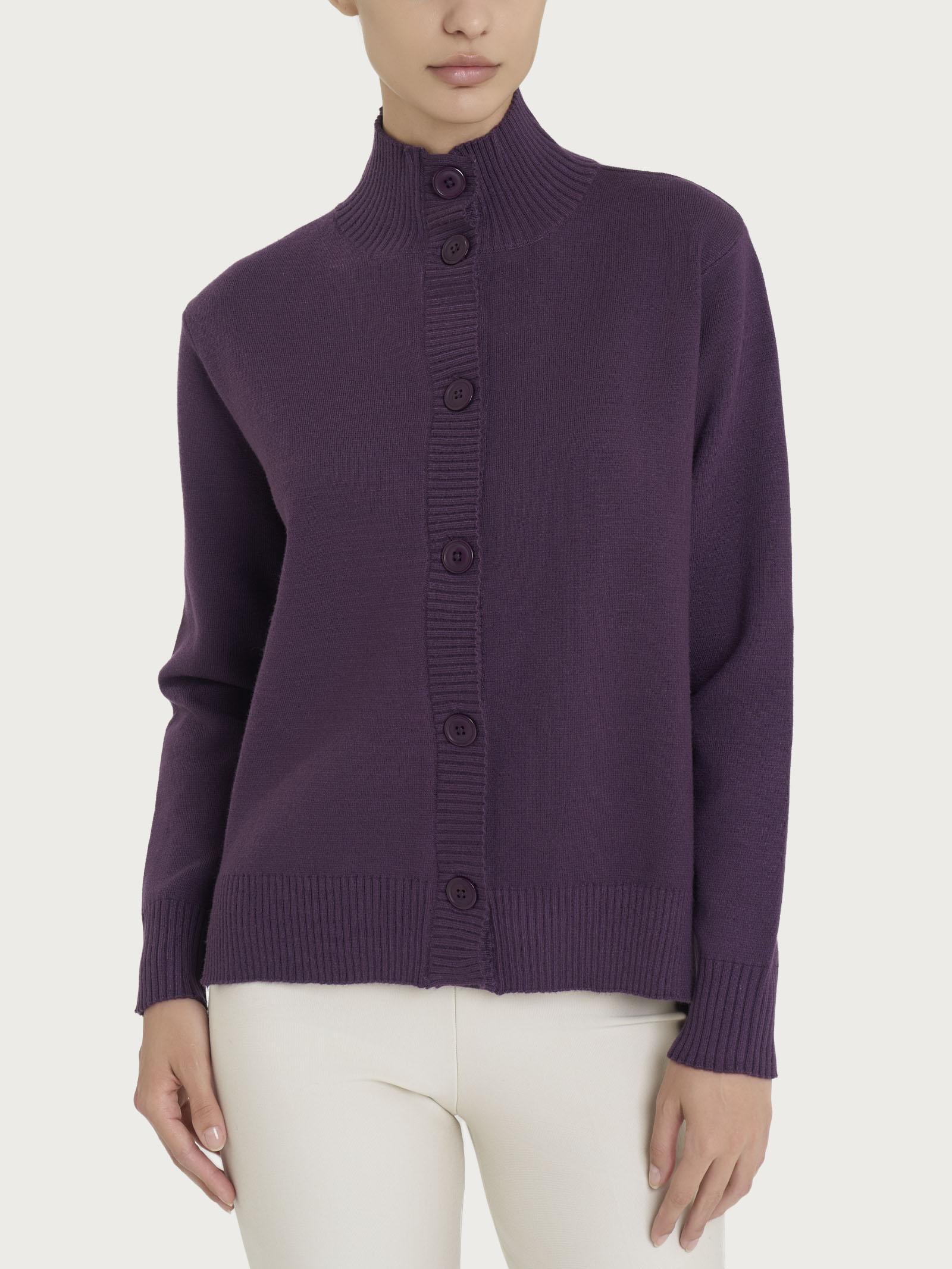 Ragno Super Soft Cardigan Bottoni Collo Alto Plum Perfect