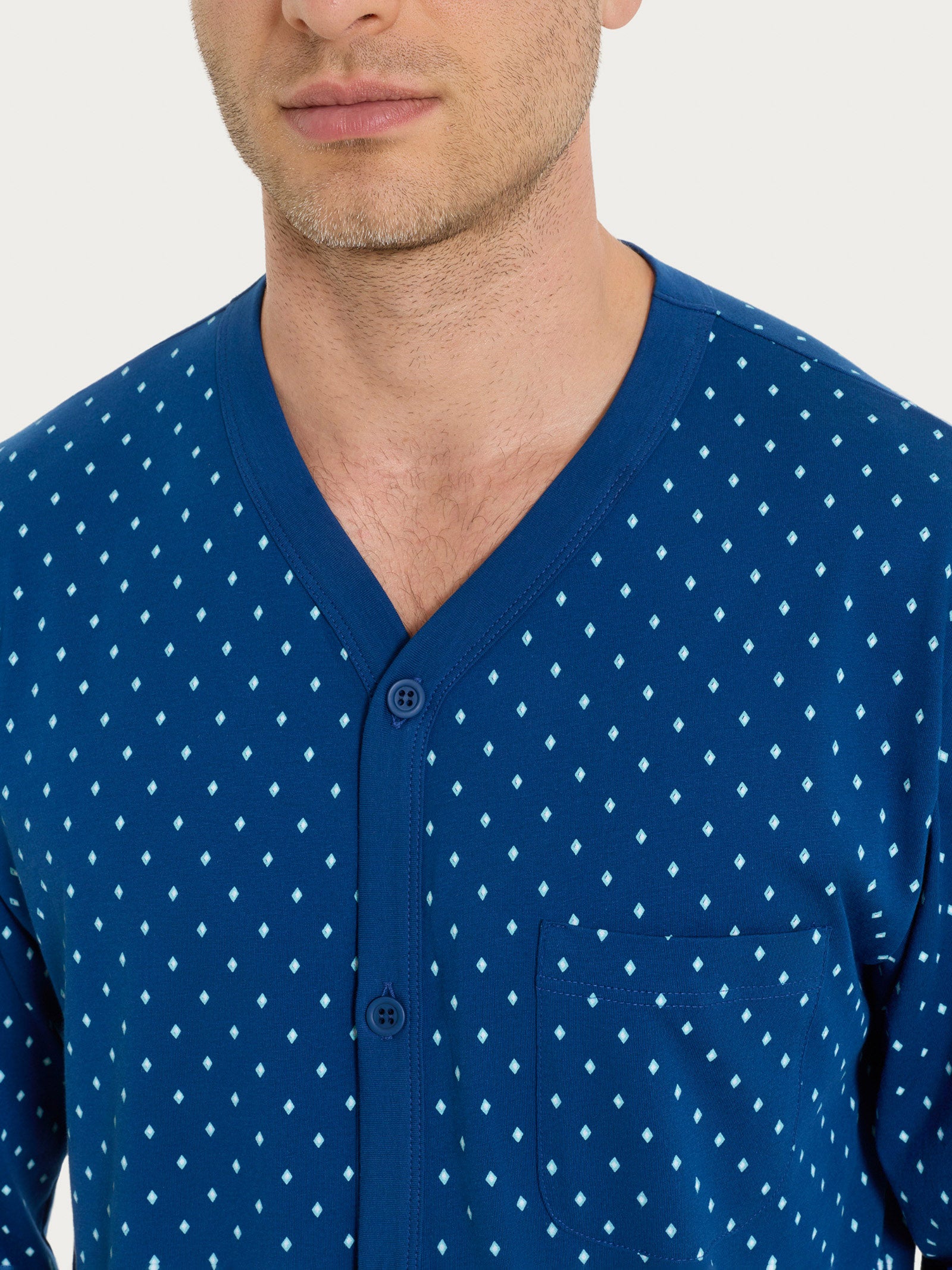 Ragno Jersey di Cotone pigiama aperto micro rombi navy
