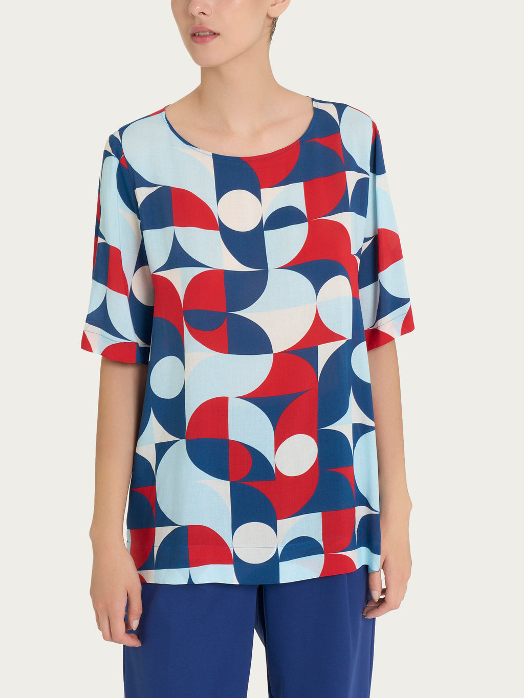 Ragno EcoSeta geometrico blusa azzurro Fant. Blueberry