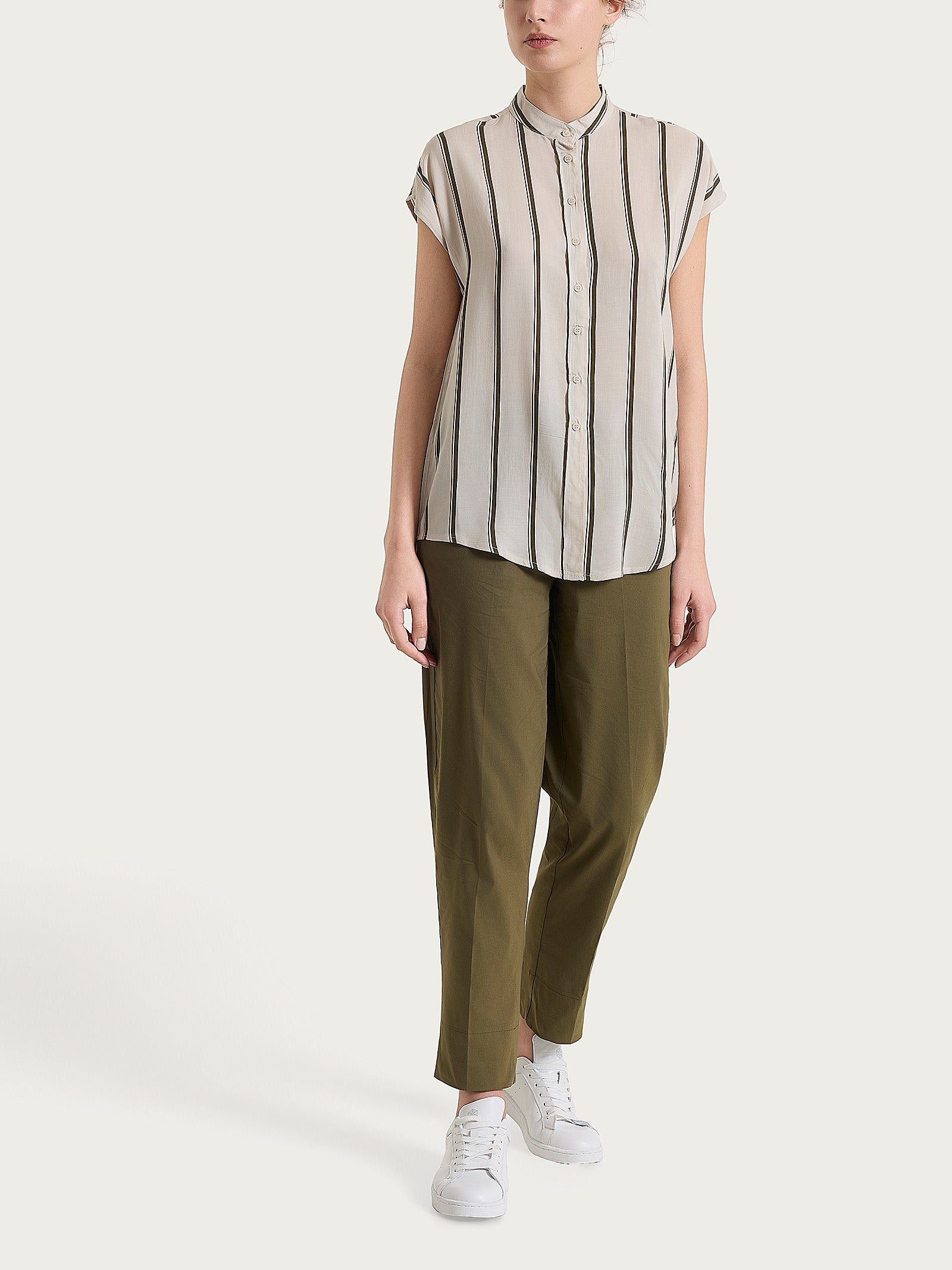 Ragno EcoSeta Camicia Donna Rigata Manica Kimono Dark Olive