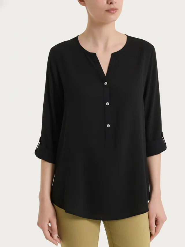 Ragno Voile Stretch serafino blusa nera manica lunga