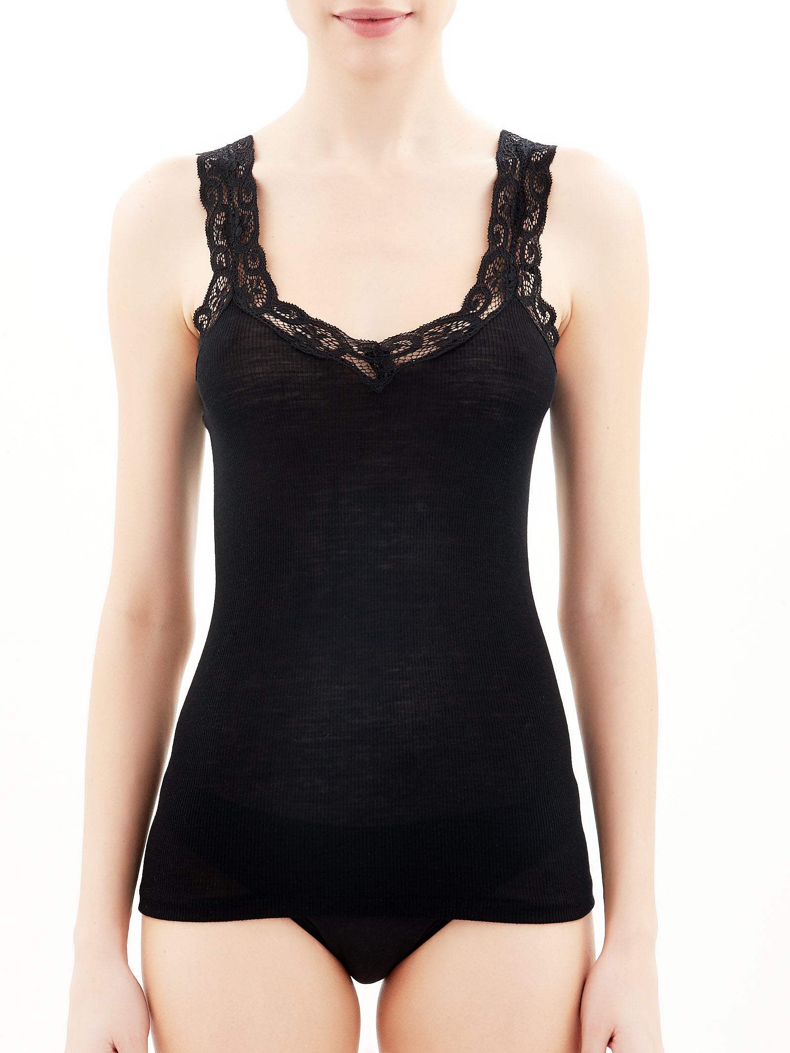 Ragno Wonderwool Canottiera Spalla Stretta Lana Nera Pizzo