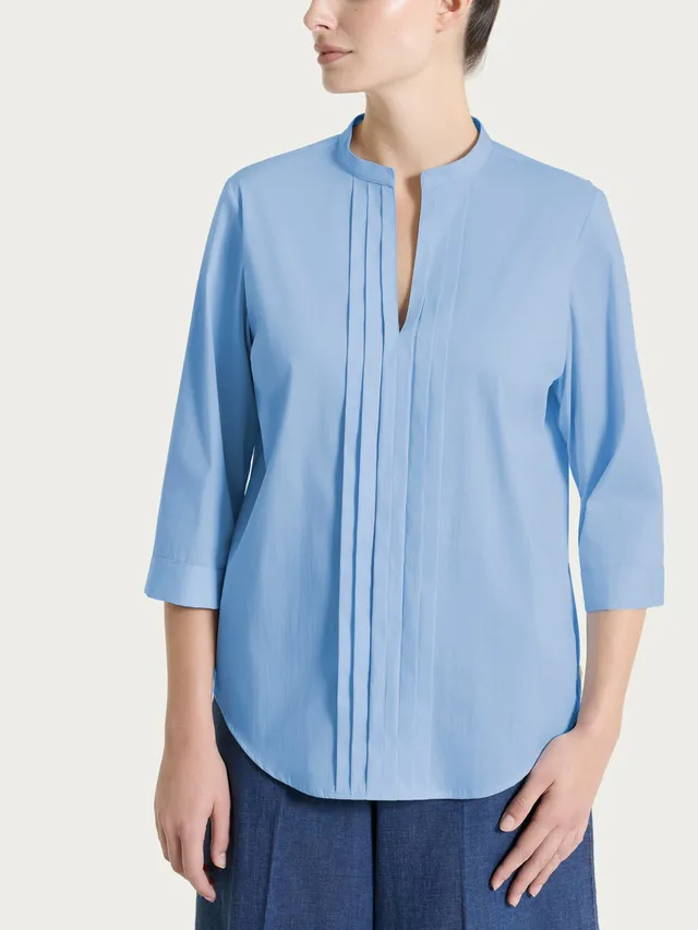 Ragno Puro Cotone Camicia Donna Bel Air Blue pieghe manica 3/4