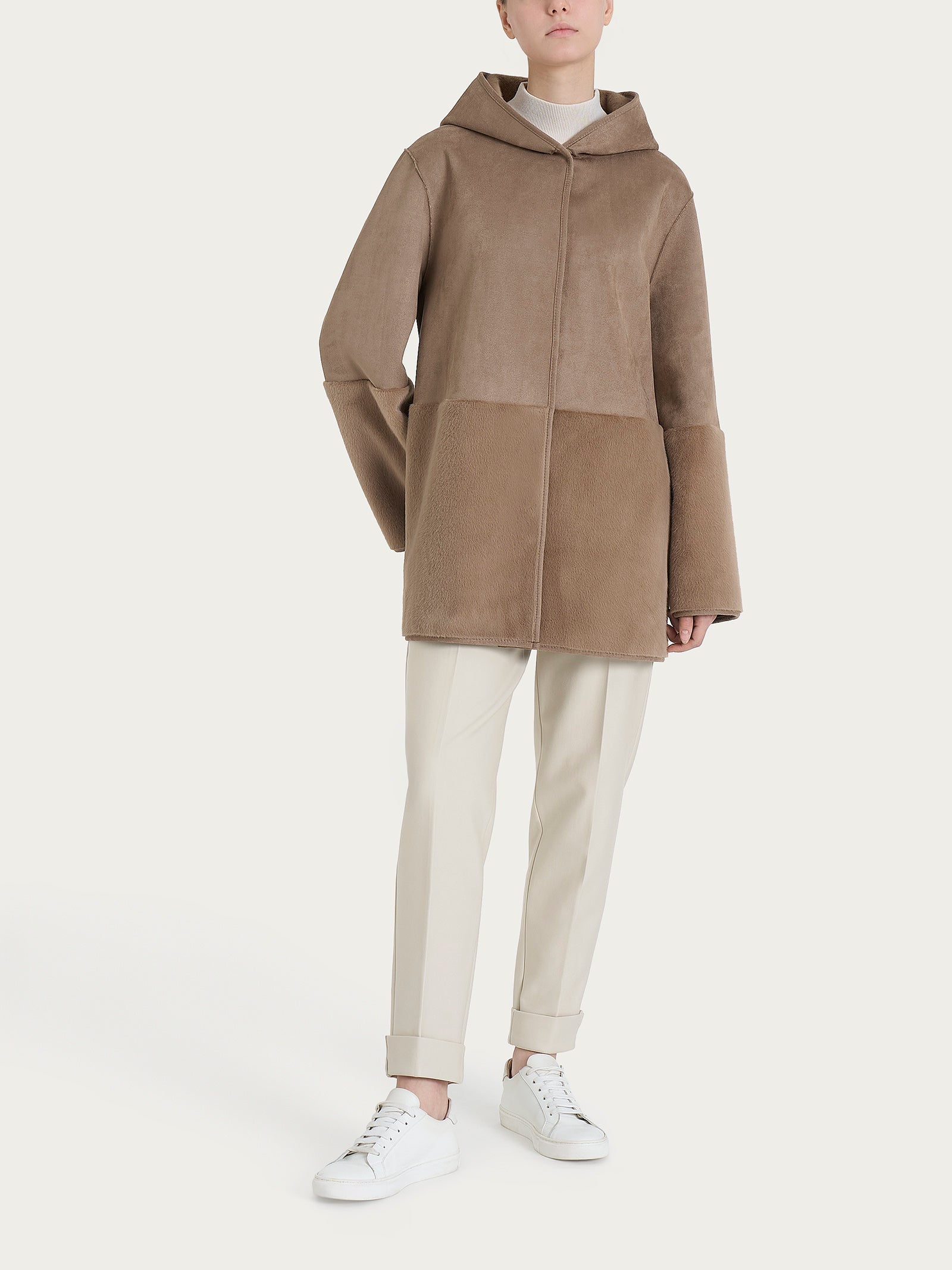Ragno giacca cappuccio double-face Vegan Shearling pine bark