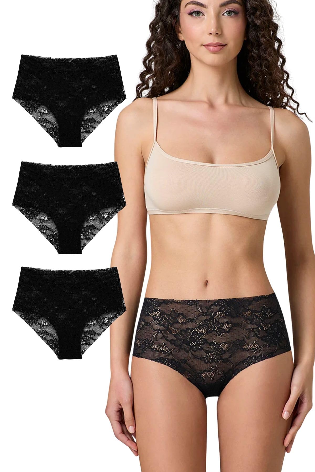 Lady C Slip Taglio Laser Brasiliana Ricamata Nero 3 pz invisibile