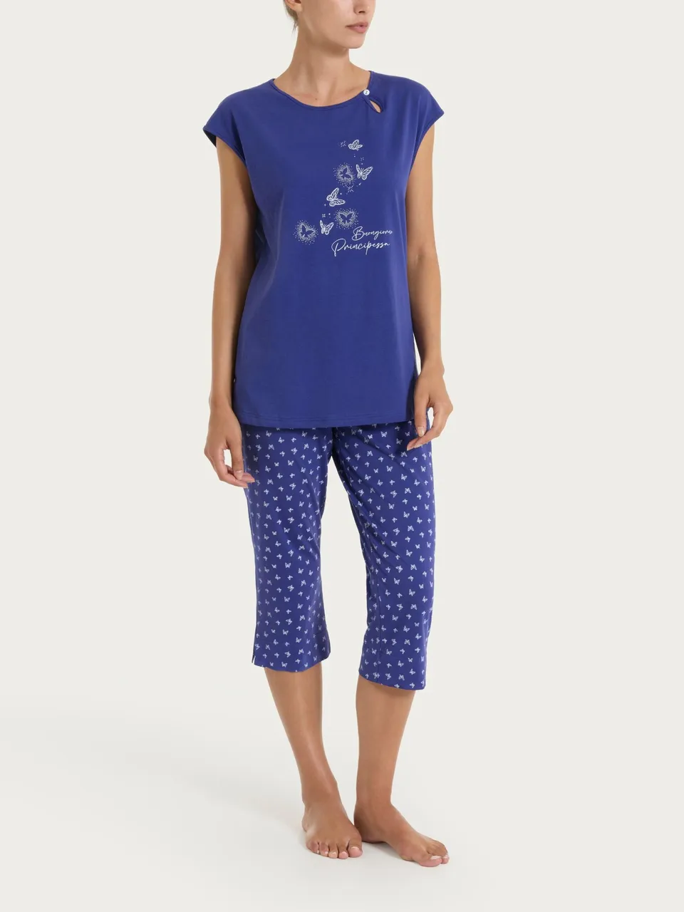 Ragno Jersey Pigiama Donna Cotone Pinocchietto Blu Navy Blue