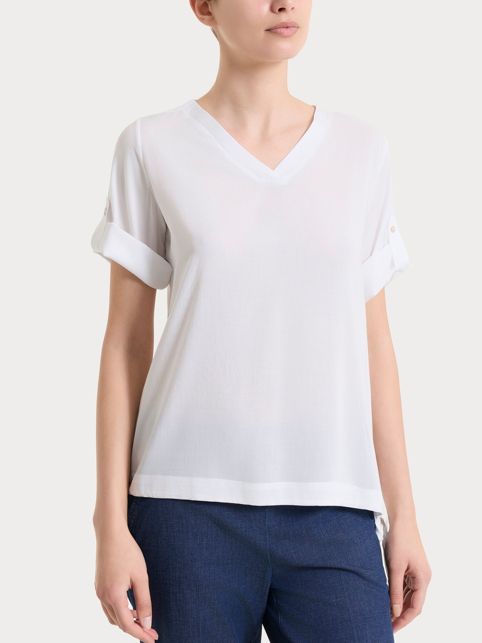 Ragno Blusa Scollo a V Voile Stretch Bianca Manica Lunga