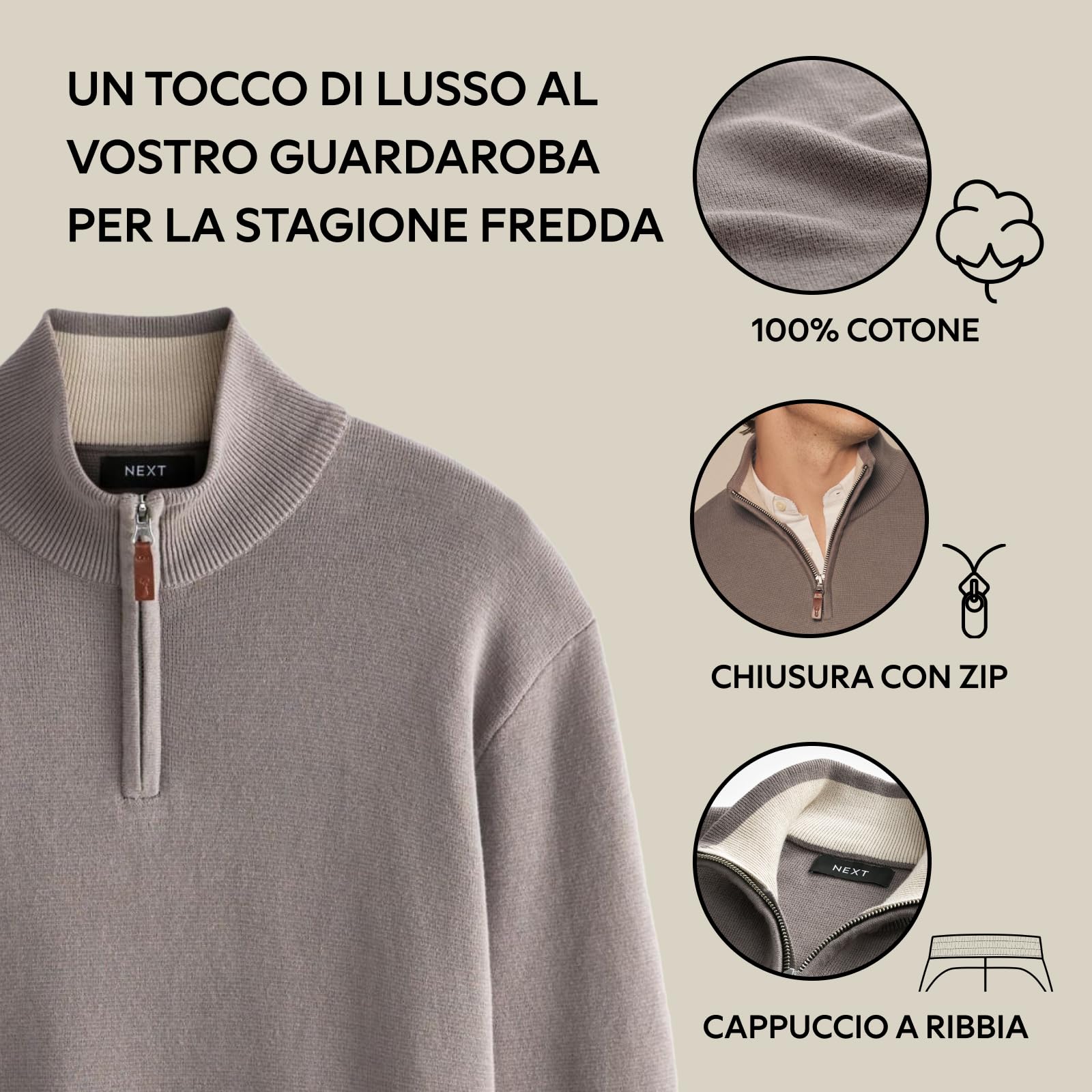 Next maglione uomo cotone collo zip 3XL premium
