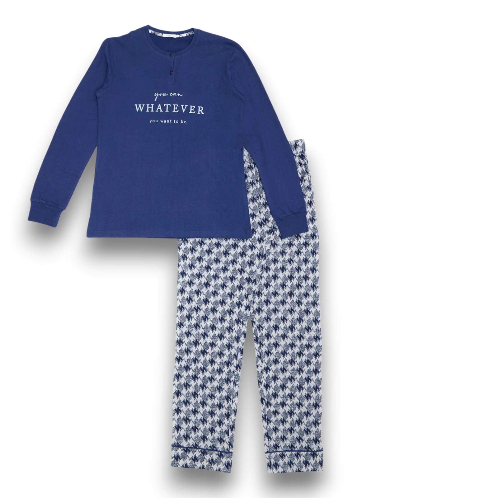 Lady C pigiama donna cotone serafino blu S pied de poule