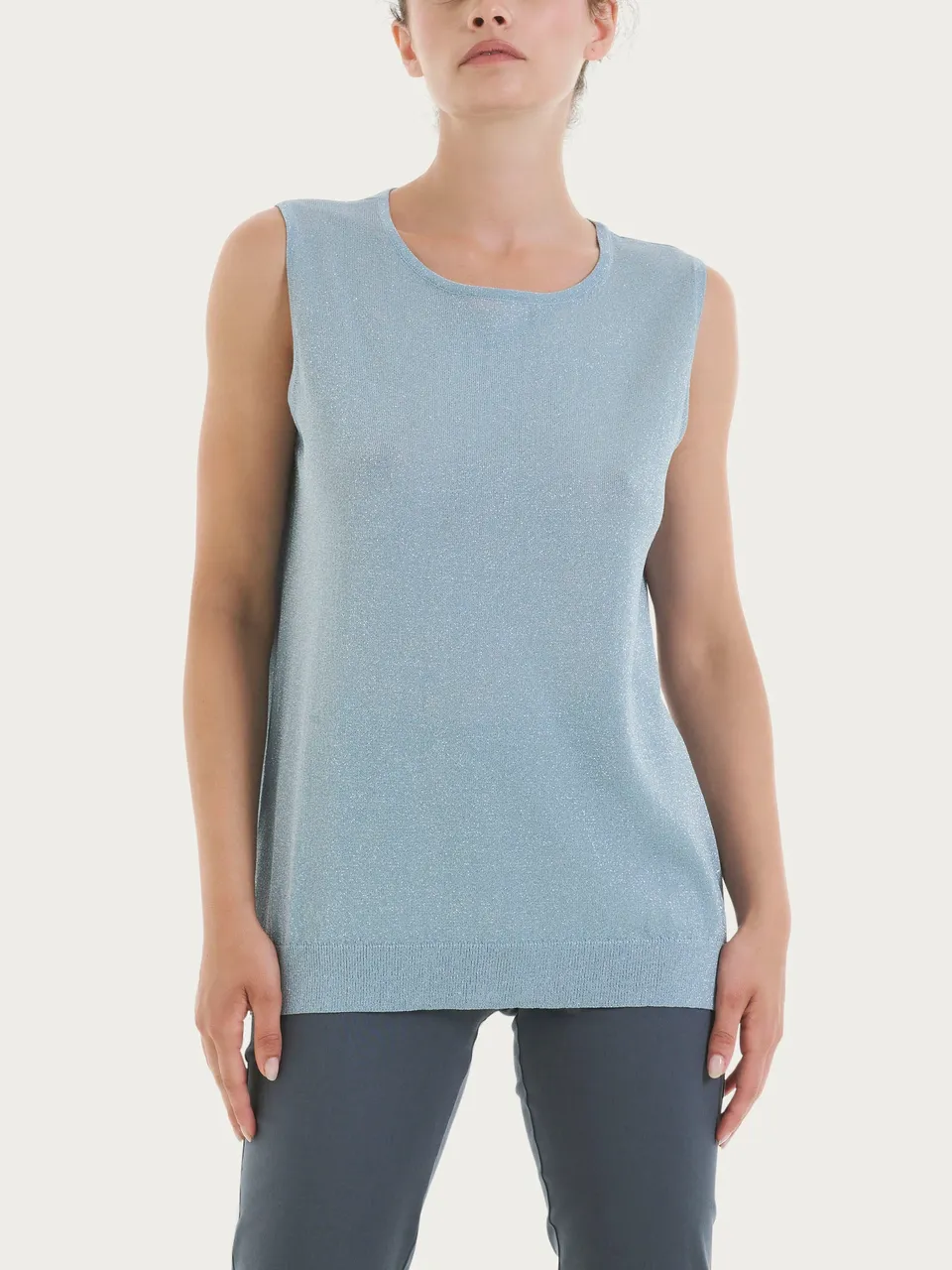Ragno Crêpe Lurex maglia smanicata Dusty Blue brillante