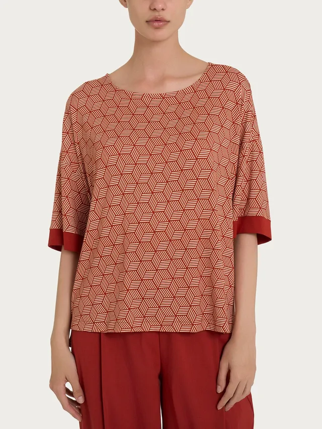 Ragno Viscosa Summer Maglietta Cubi Fantasia Red Ochre