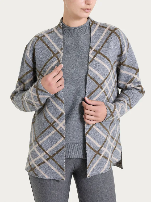 Ragno Natural Soft cardigan aperto check ferro melange