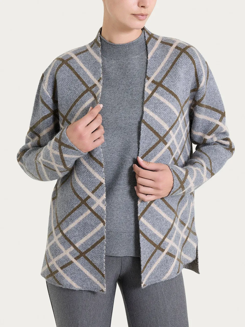 Ragno Natural Soft cardigan aperto check ferro melange