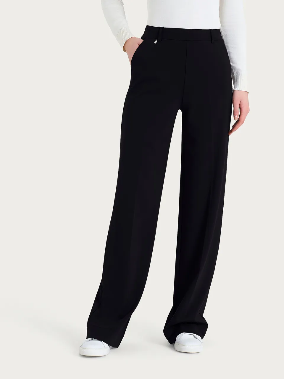 Ragno Compact Pantalone Palazzo Tasche Nero Wide Leg
