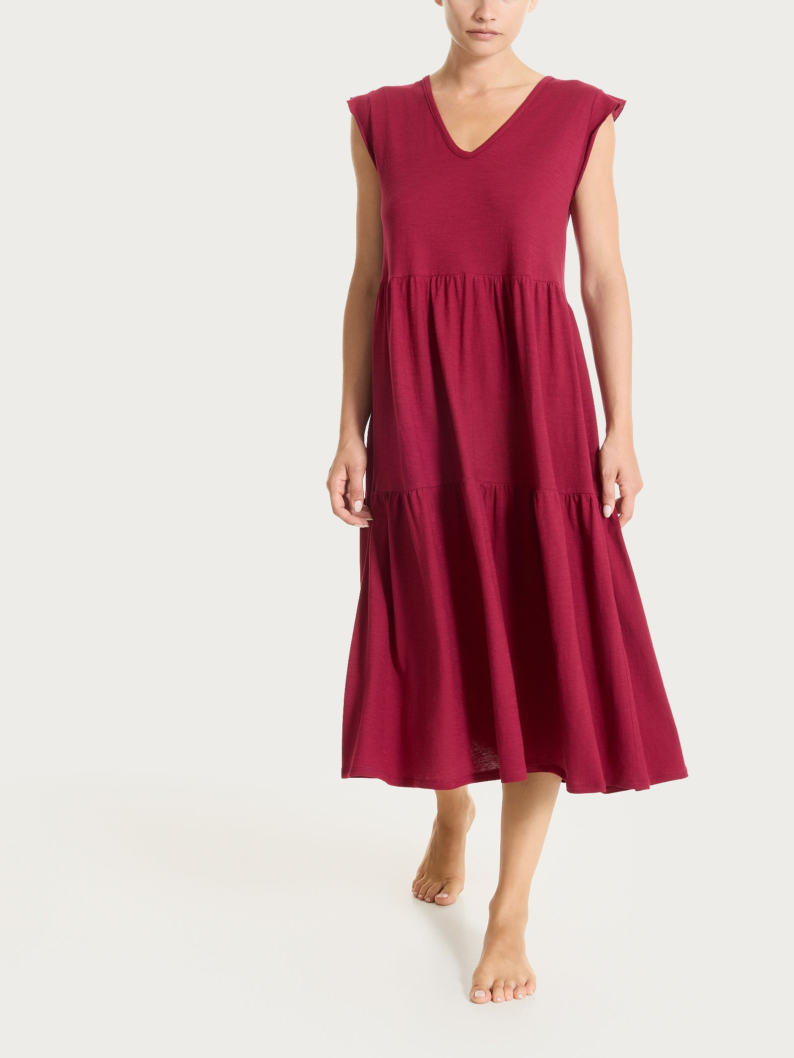 Ragno Jersey Cotone Abito Lungo Beet Red con Balze
