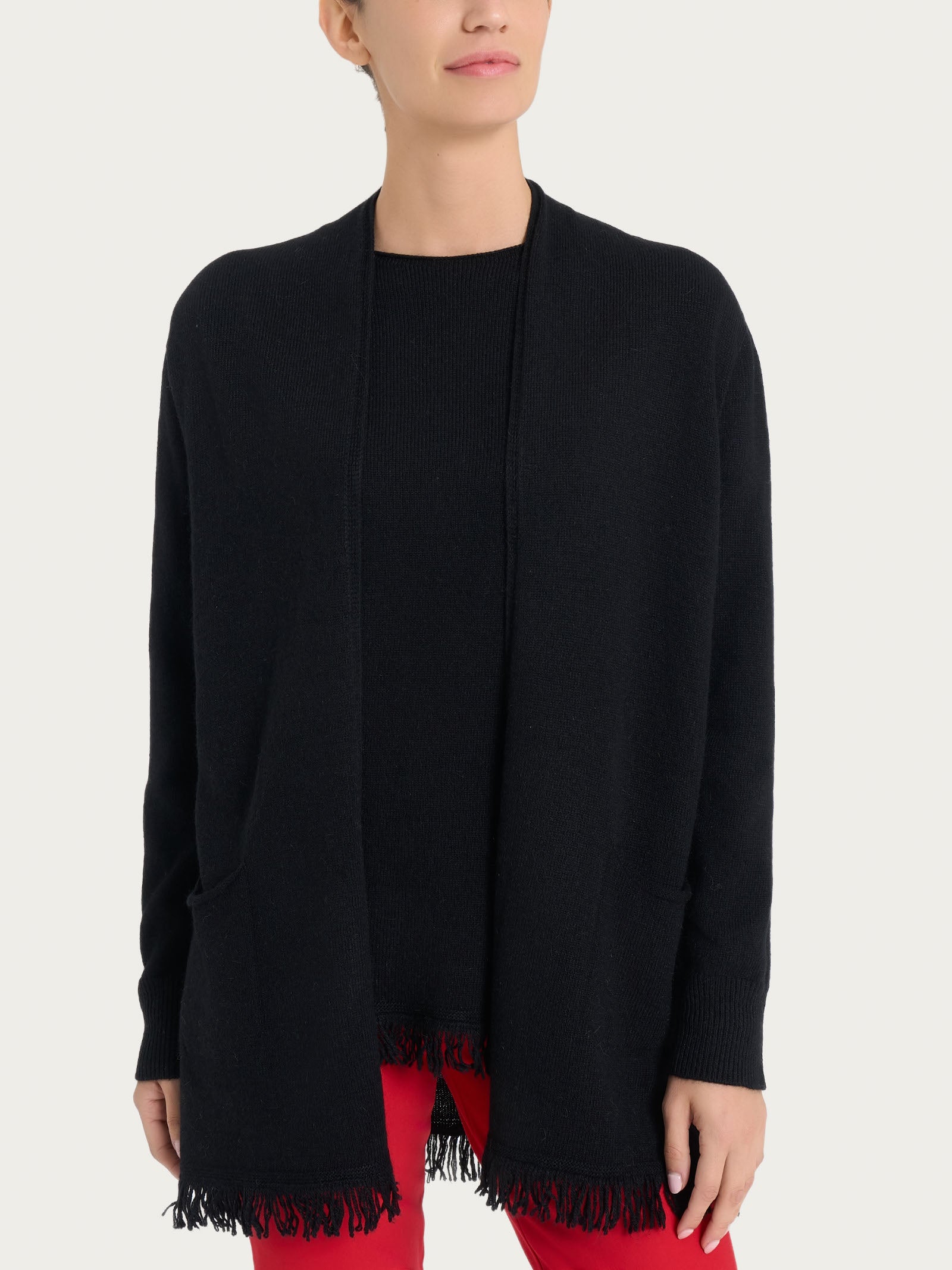 Ragno Merino Soft cardigan lungo frange nero morbido