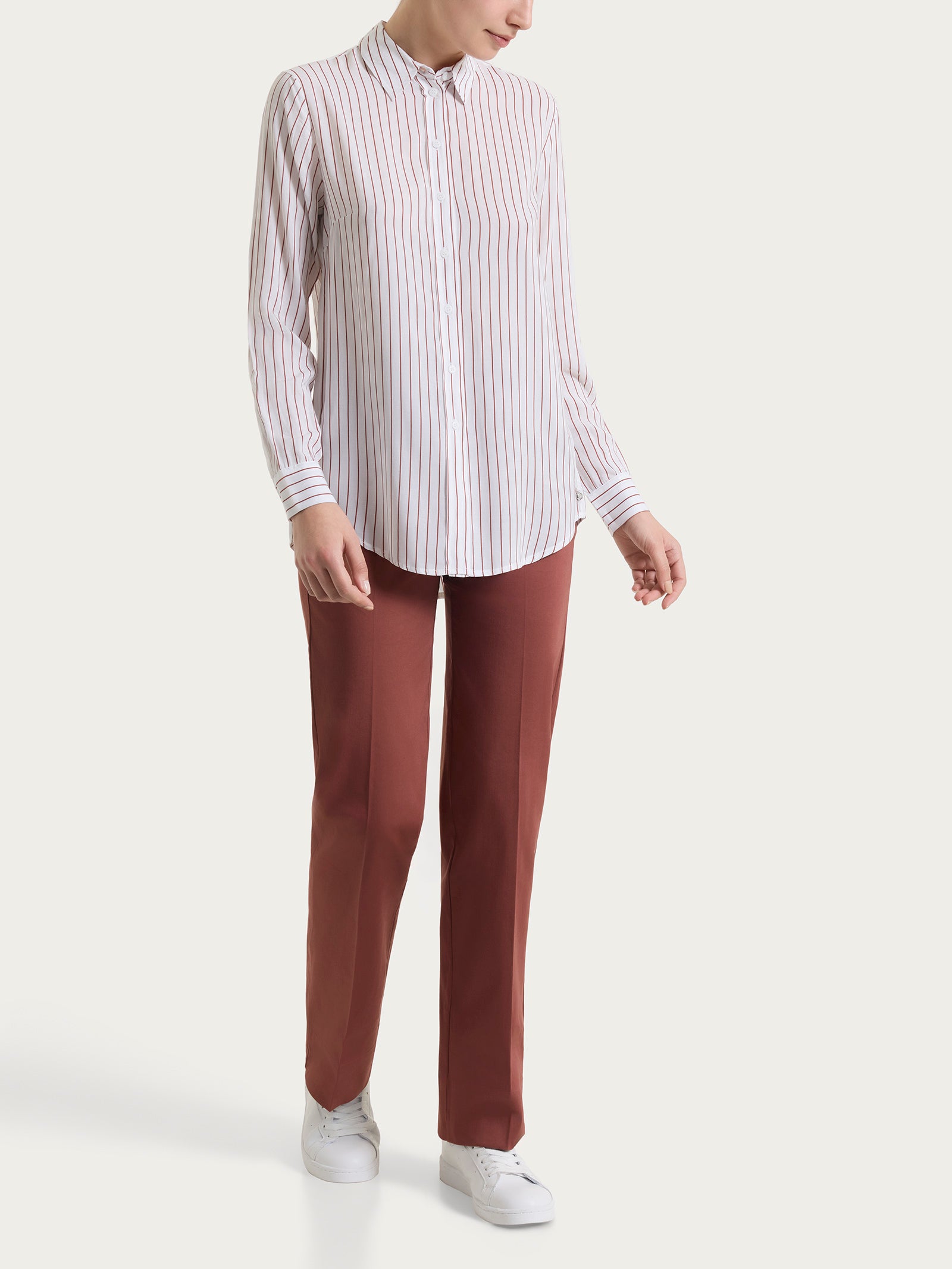 Ragno EcoSeta Camicia righe viscosa Mahogany manica lunga