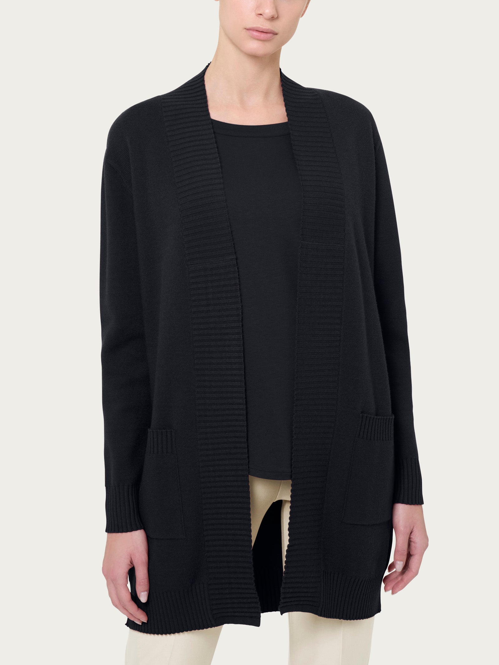 Ragno Four Seasons Cardigan donna nero lungo aperto misto viscosa