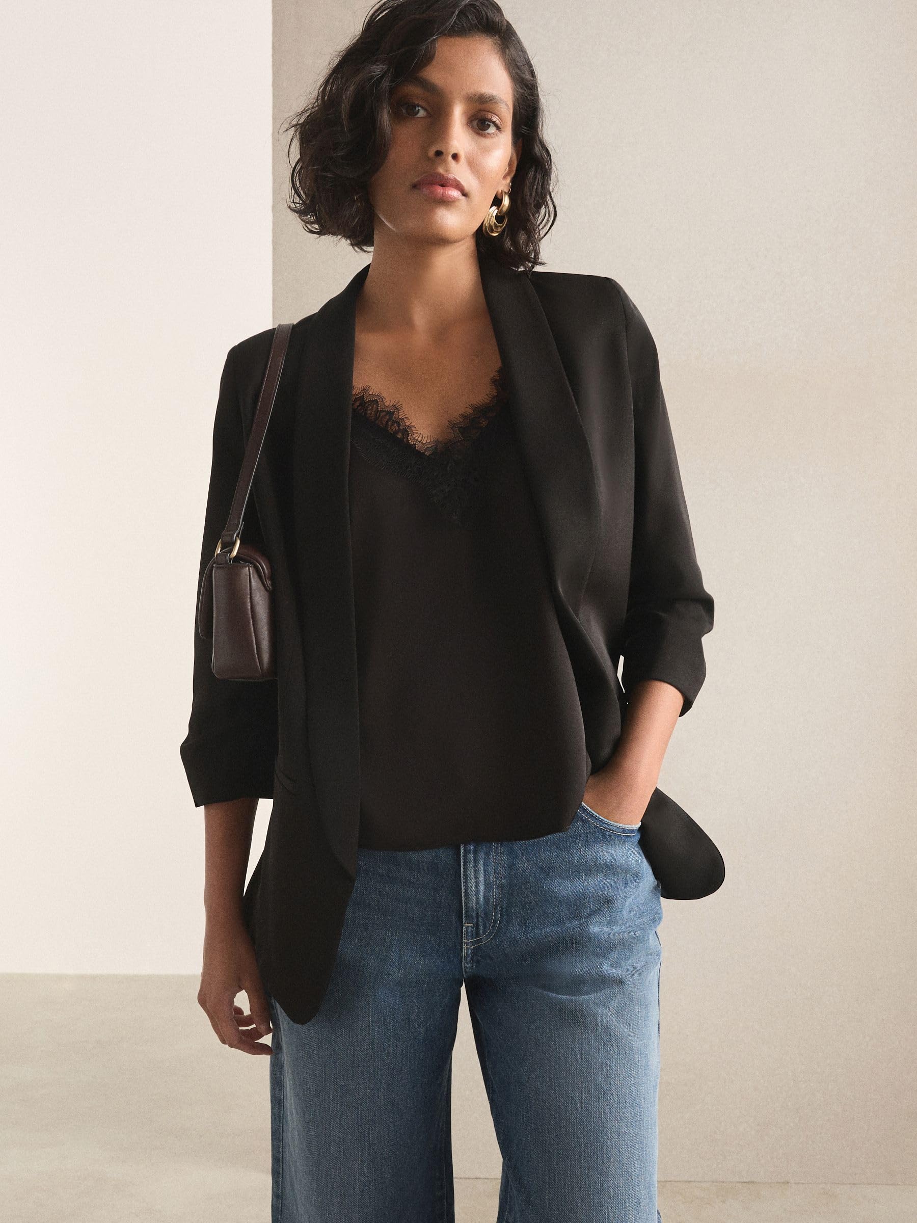 Next Blazer Comodo Maniche Arricciate Donna Nero Stiro Facile