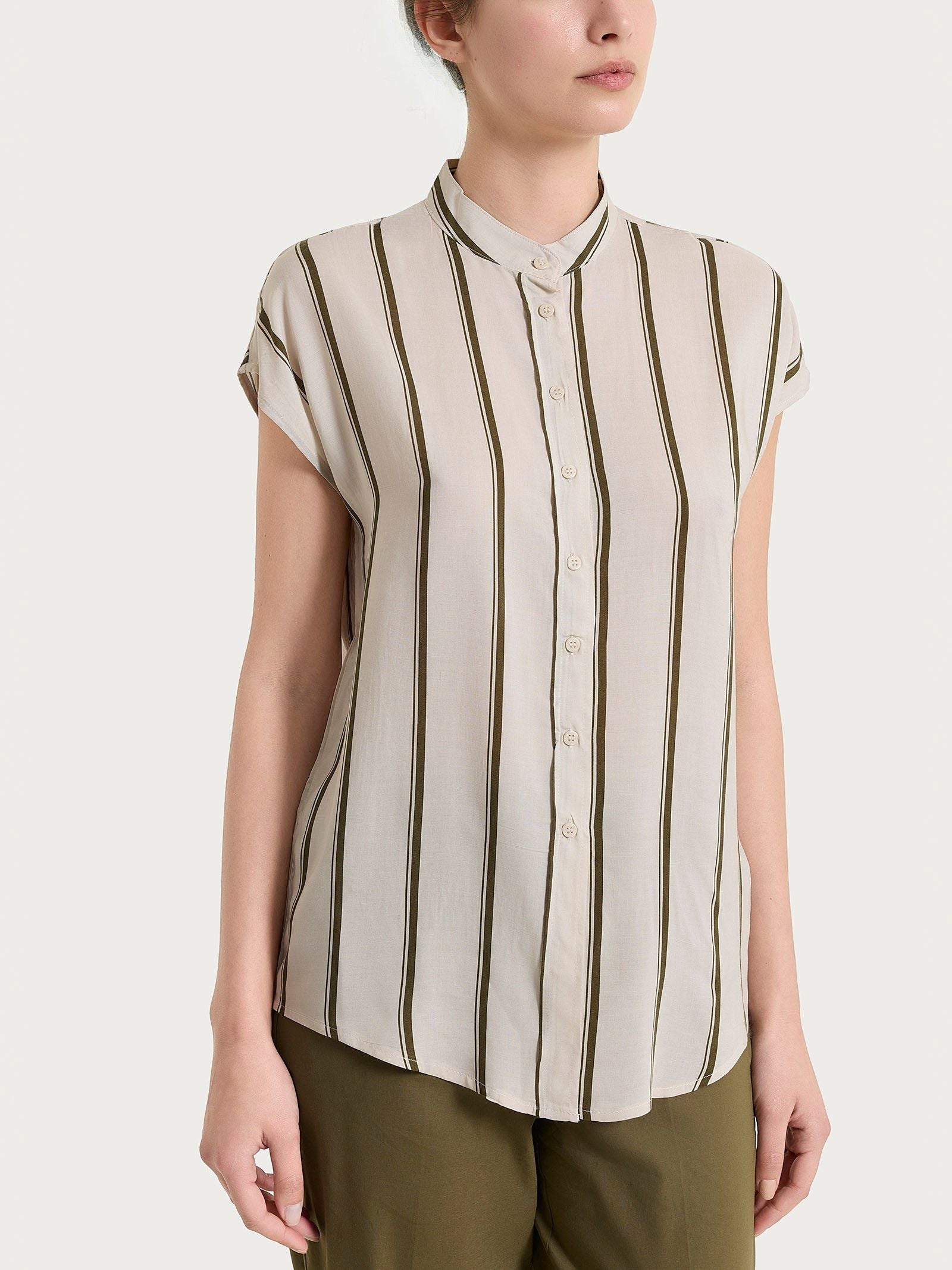Ragno EcoSeta Camicia Donna Rigata Manica Kimono Dark Olive