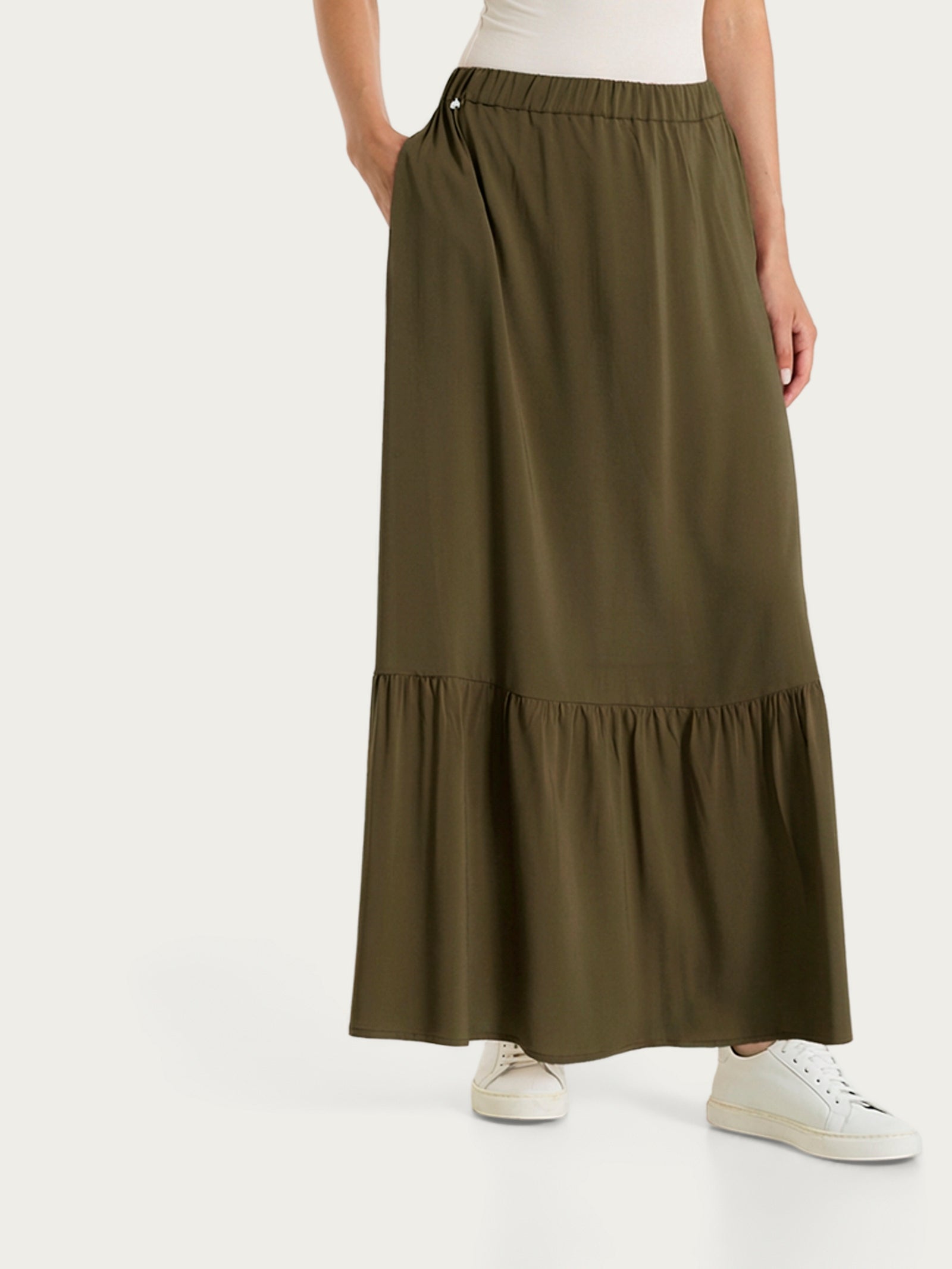 Ragno Voile Stretch Gonna Lunga Balze Dark Olive