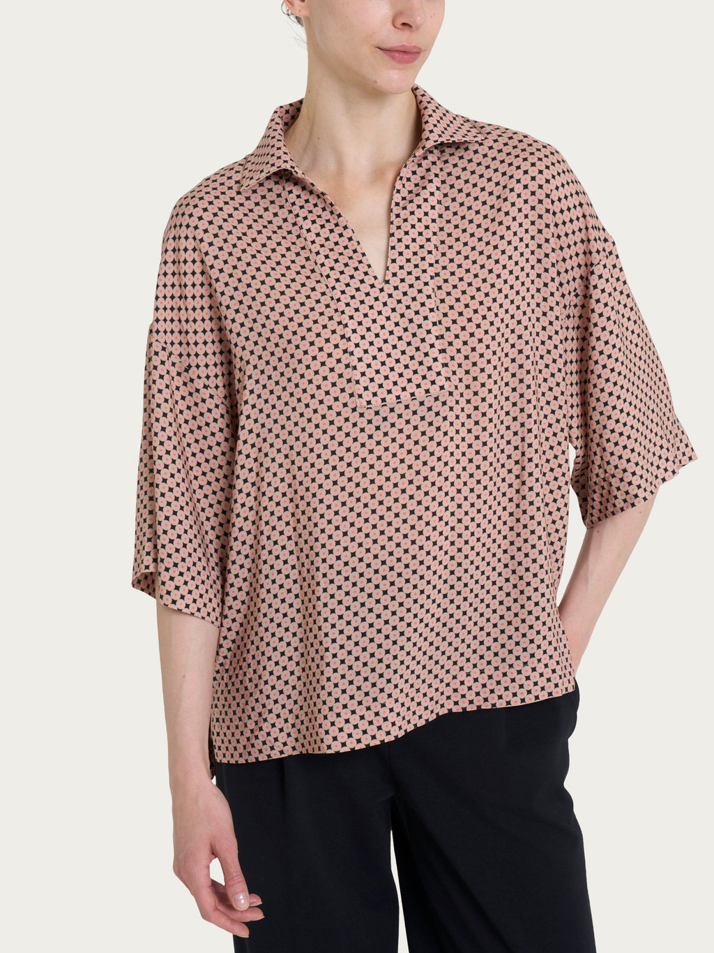 Ragno EcoSeta camicia collo camicia Nero fantasia manica 3/4