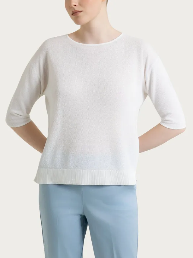 Ragno Maglia Girocollo Piquet Manica 3/4 Puro Cotone Bianco