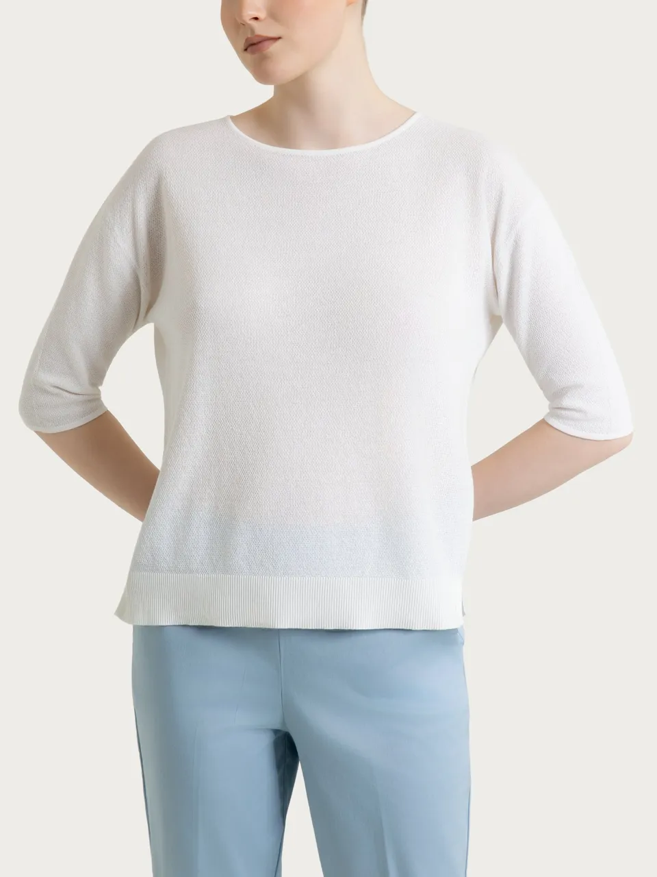 Ragno Maglia Girocollo Piquet Manica 3/4 Puro Cotone Bianco