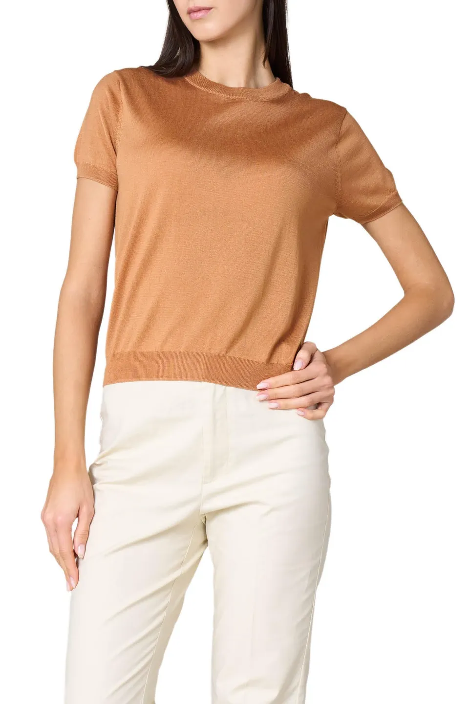 Goldenpoint Maglia Scollo Tondo Manica Corta Donna a Costine