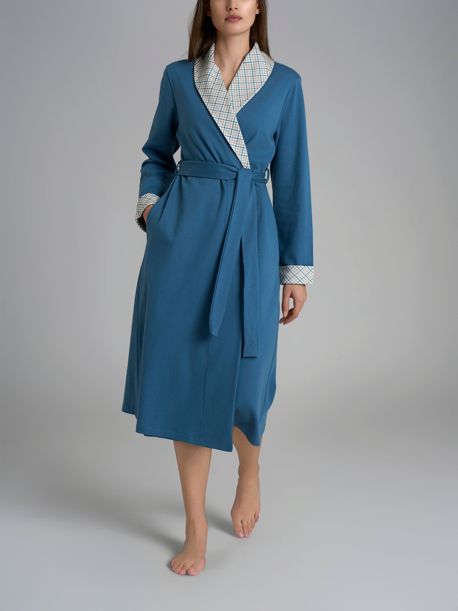 Ragno Interlock Vestaglia Cintura Teal Tartan puro cotone