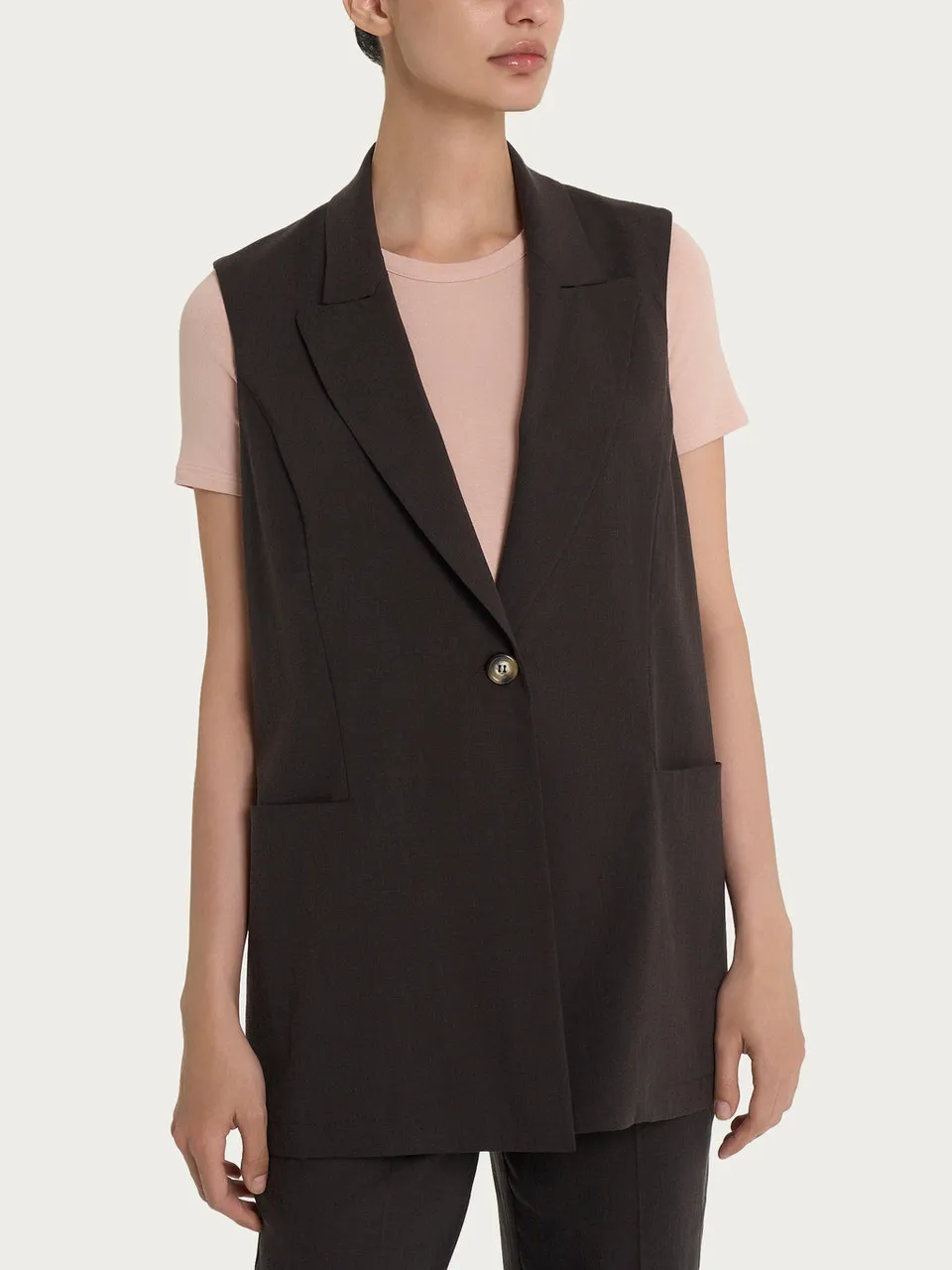 Ragno Super Natural Gilet Lungo Tencel Cioccolato collo lancia