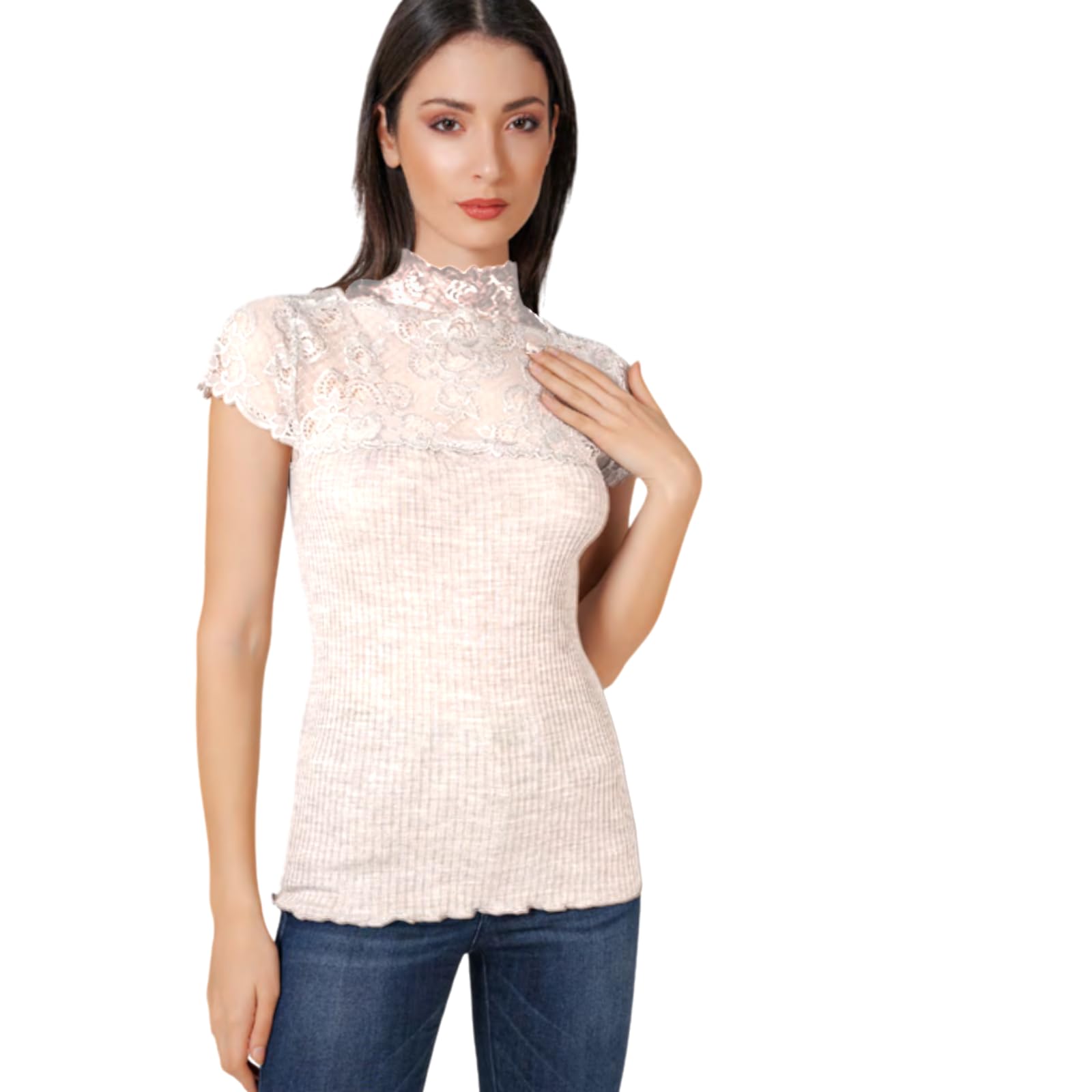 Lady C Maglia Lana Merinos Microfibra Plissé Collo Pizzo