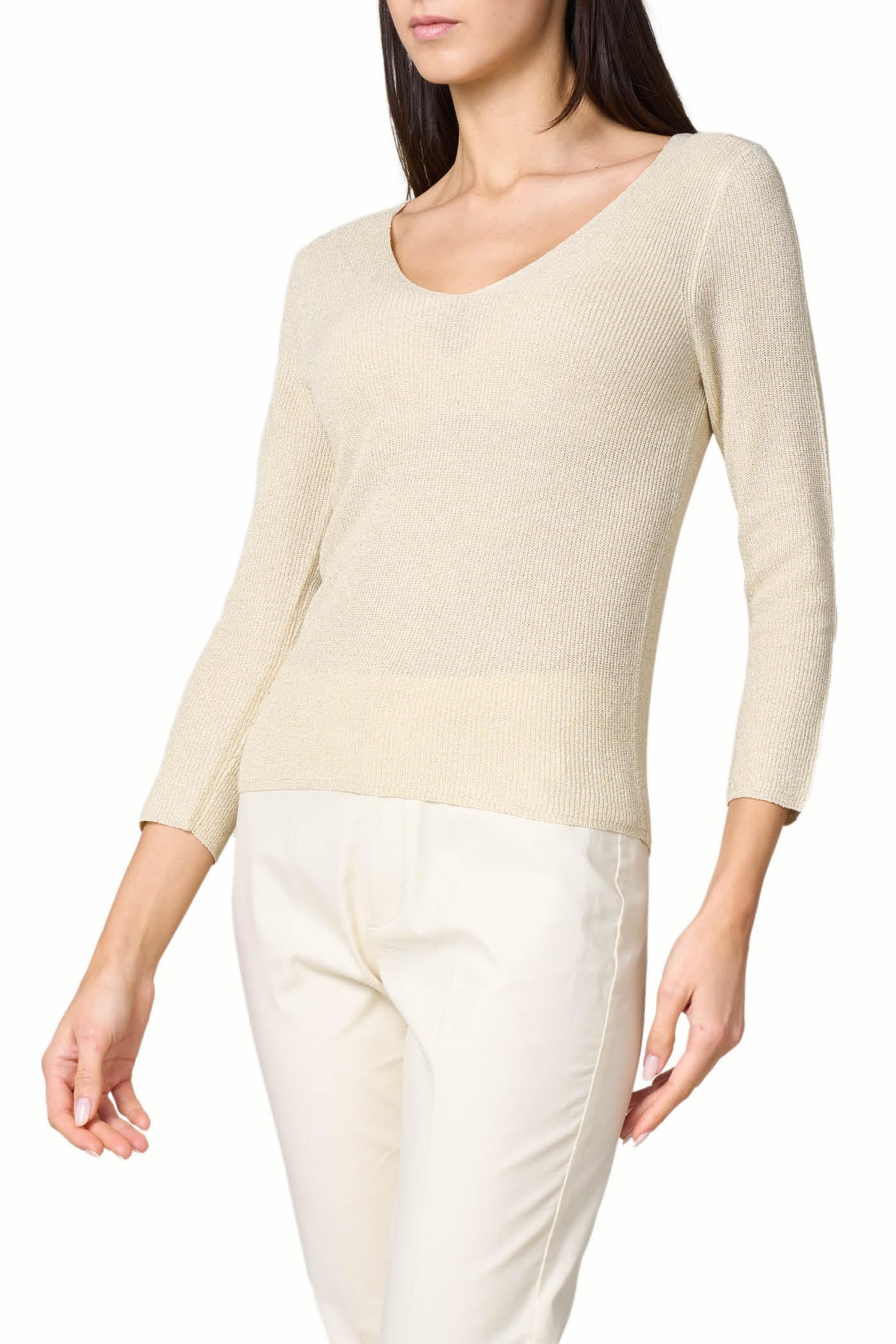 Goldenpoint Donna Maglia Scollo V Manica 3/4 Lamè Costine