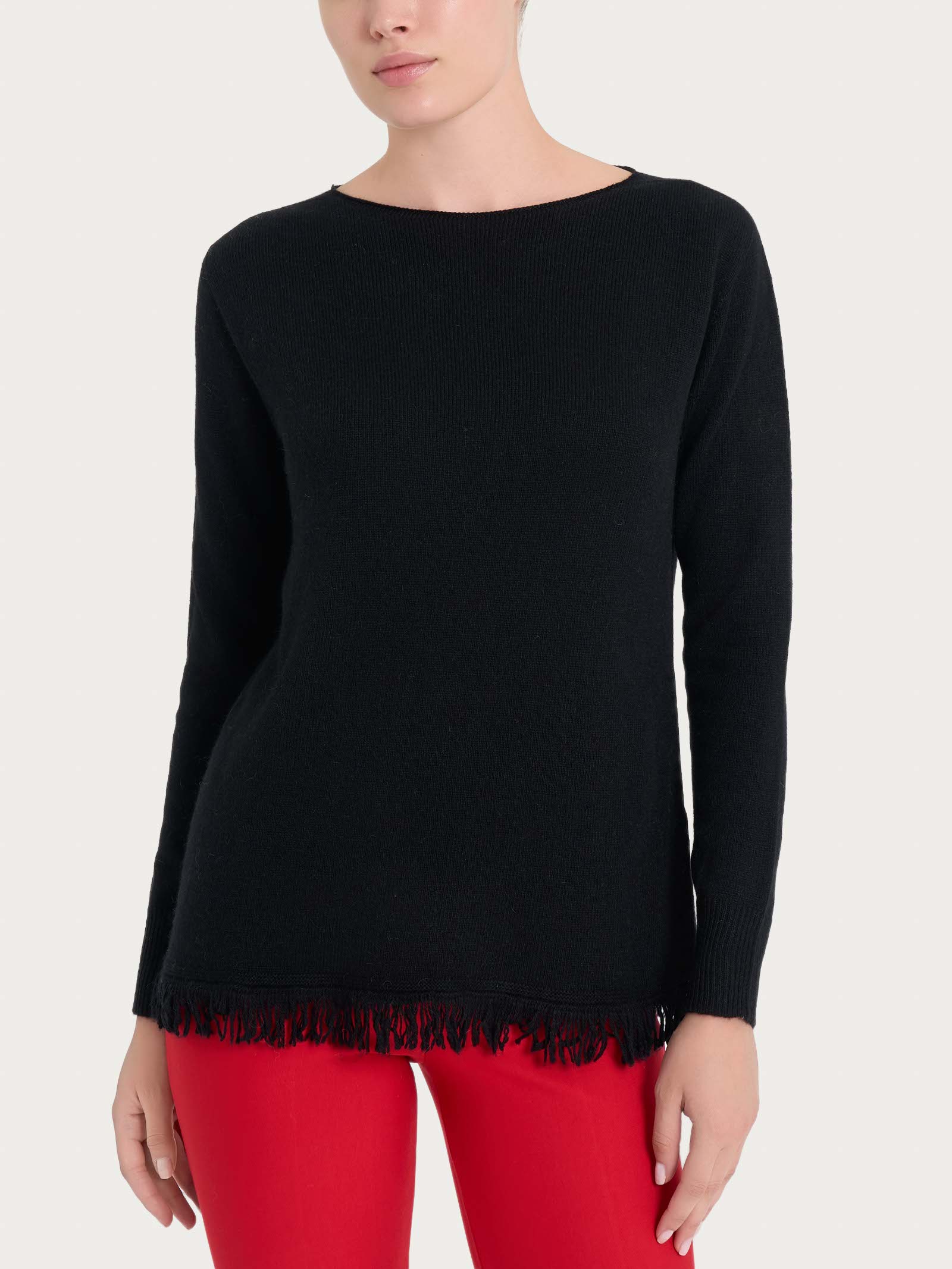 Ragno Angora Maglia Girocollo Donna Nero con Frange