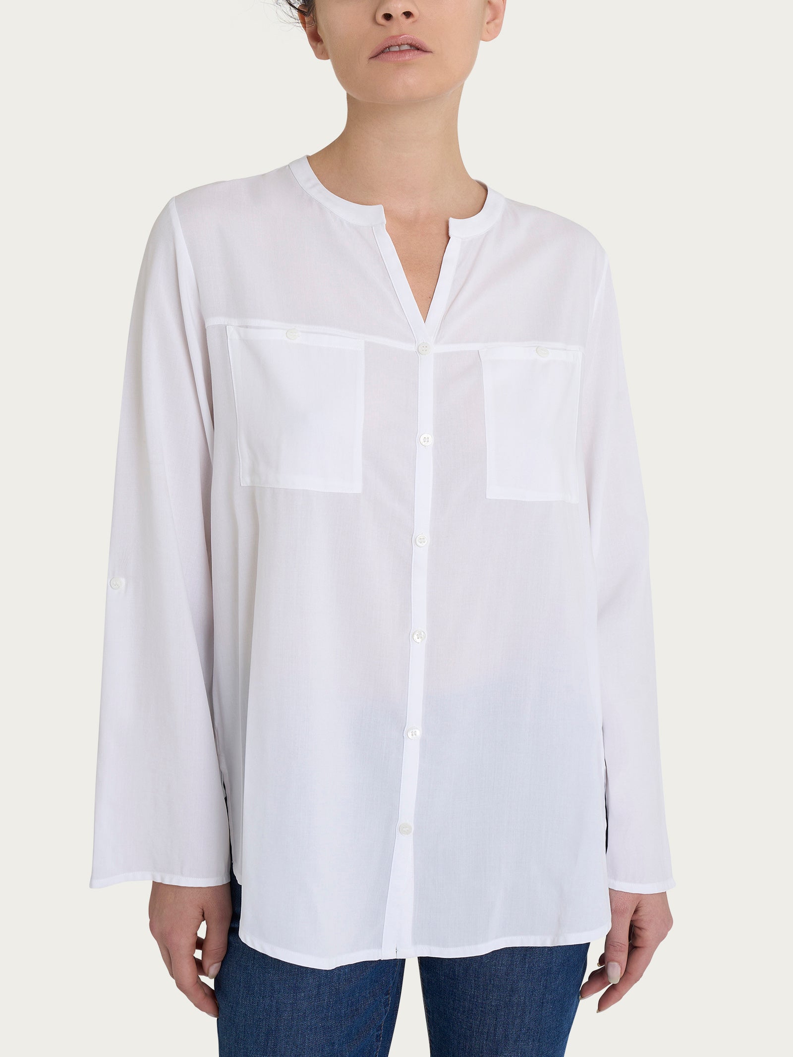 Ragno EcoSeta Camicia Collo Coreana Donna Bianco Manica Lunga