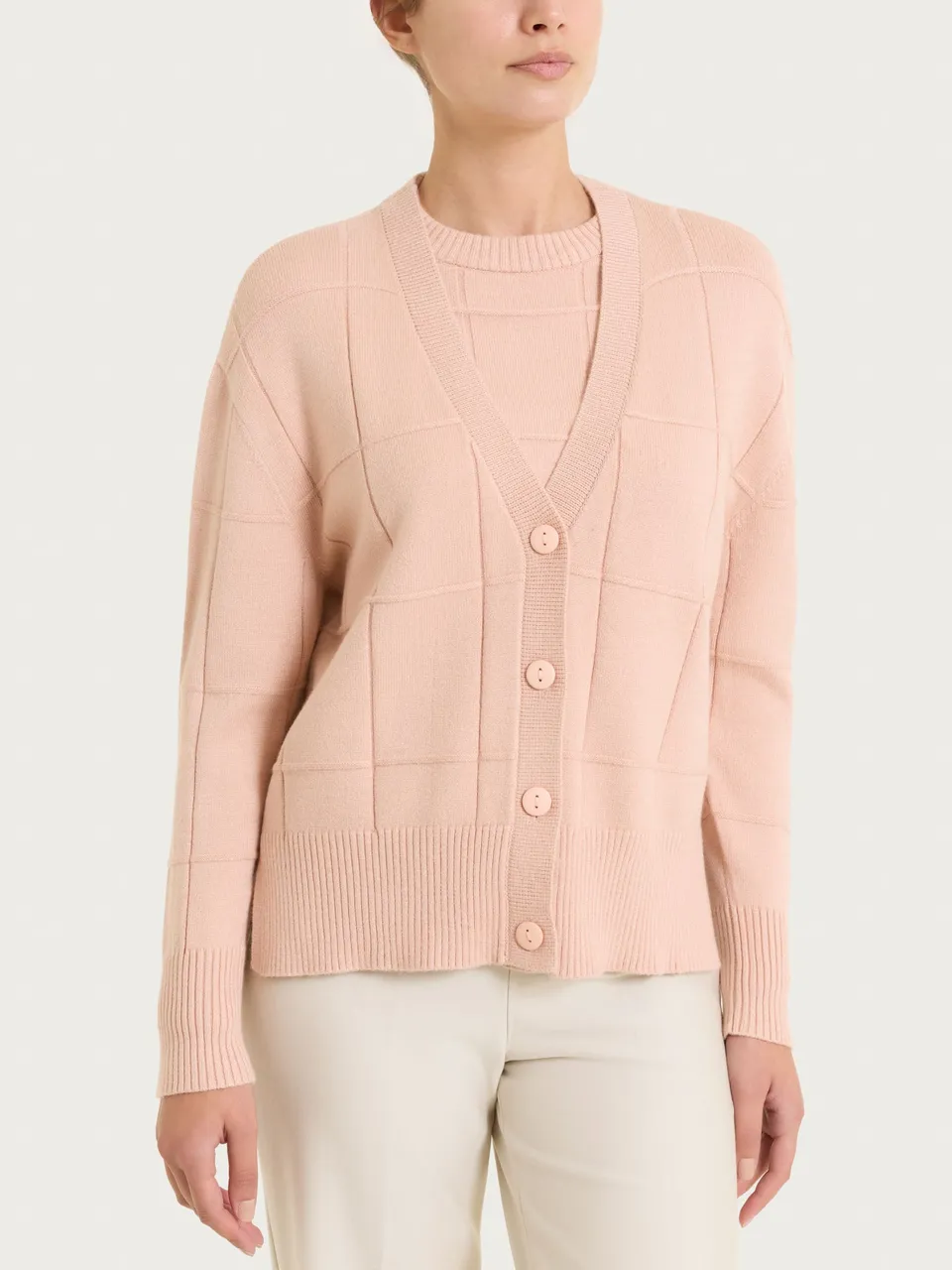 Ragno Super Soft cardigan scollo V check cameo rose boxy
