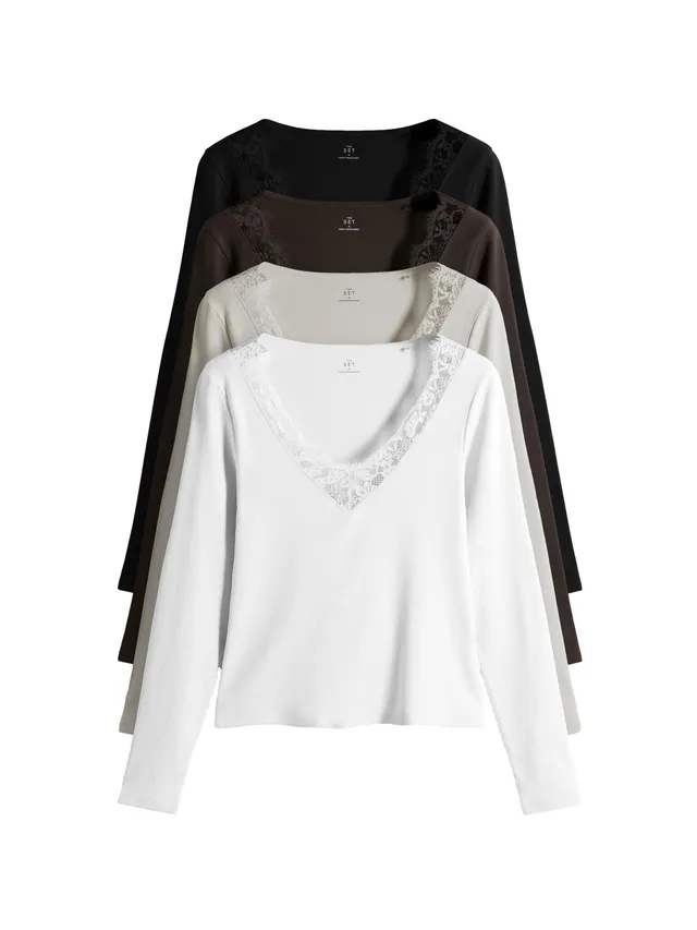 Geo Next THE SET Magliette Scollo V Donna 4 Pezzi Pizzo Maniche Lunghe
