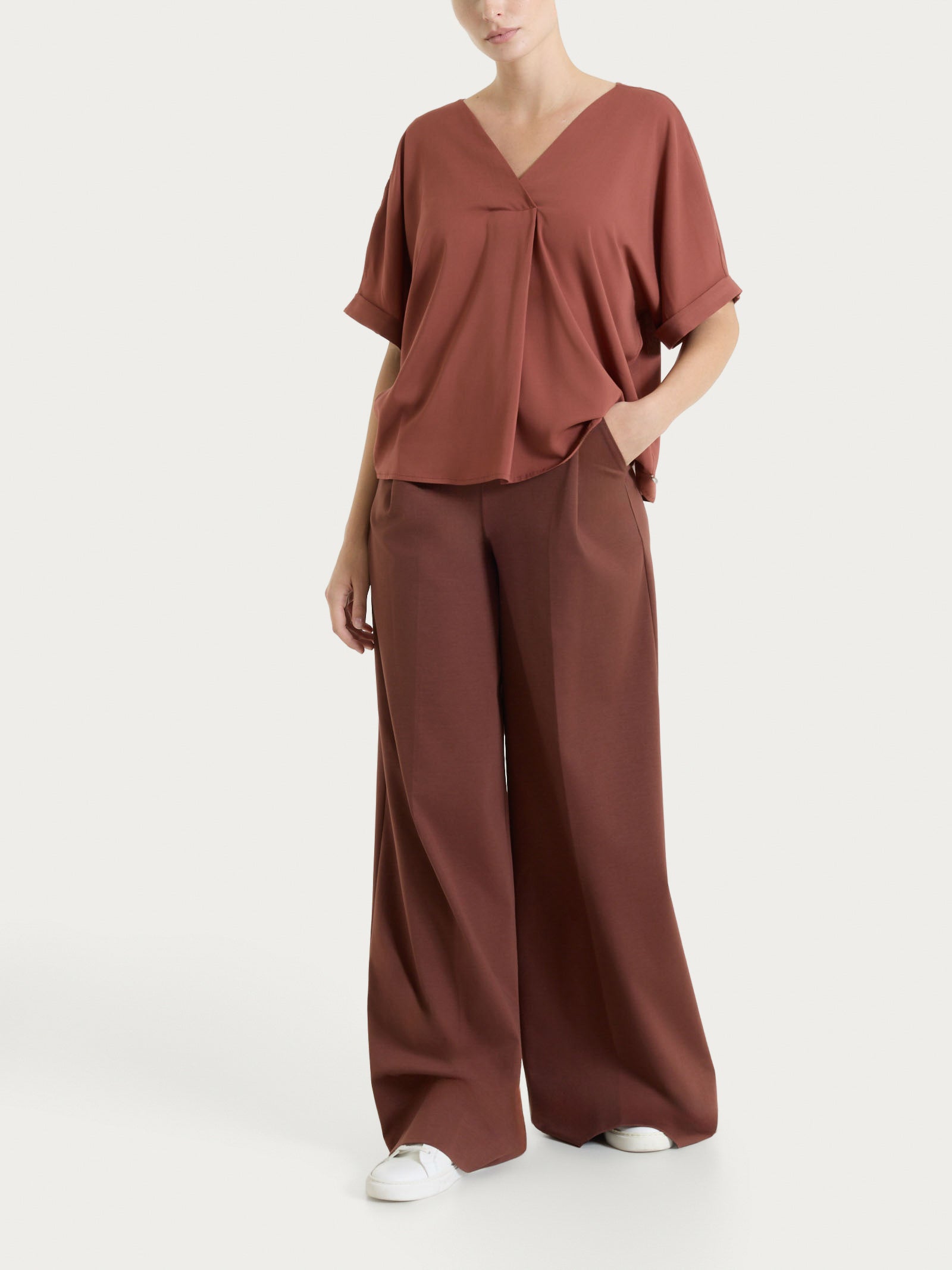 Ragno Voile Stretch Blusa Manica Kimono Mahogany Scollo V