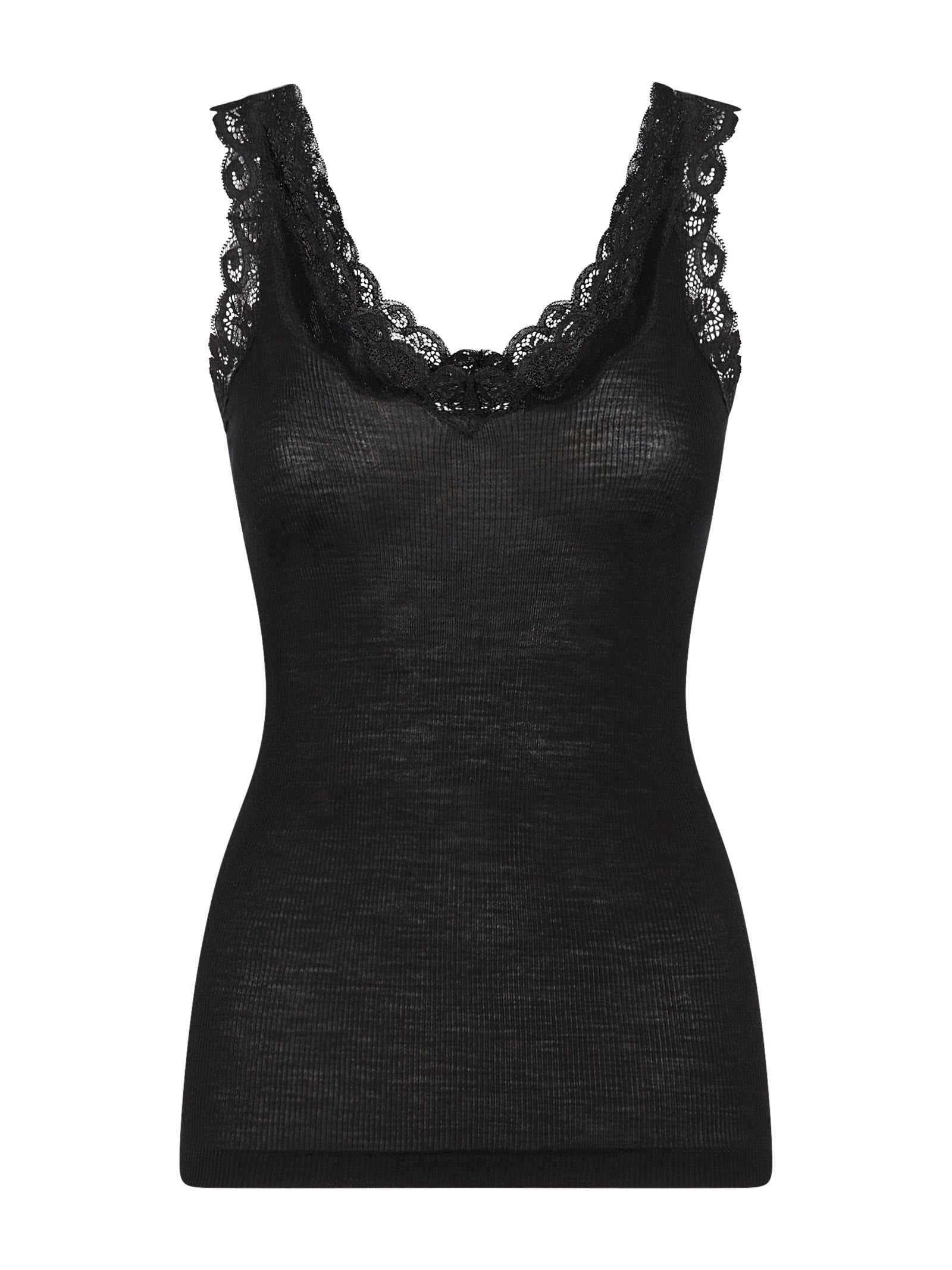 Ragno Wonderwool Canottiera Spalla Stretta Lana Nera Pizzo