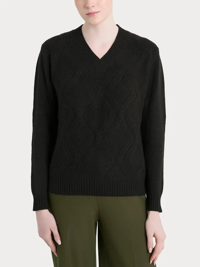 Ragno Natural Soft Maglia Scollo V Trecce Nera Manica Lunga