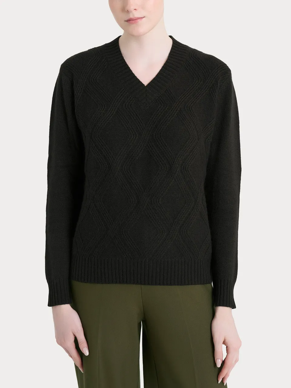 Ragno Natural Soft Maglia Scollo V Trecce Nera Manica Lunga