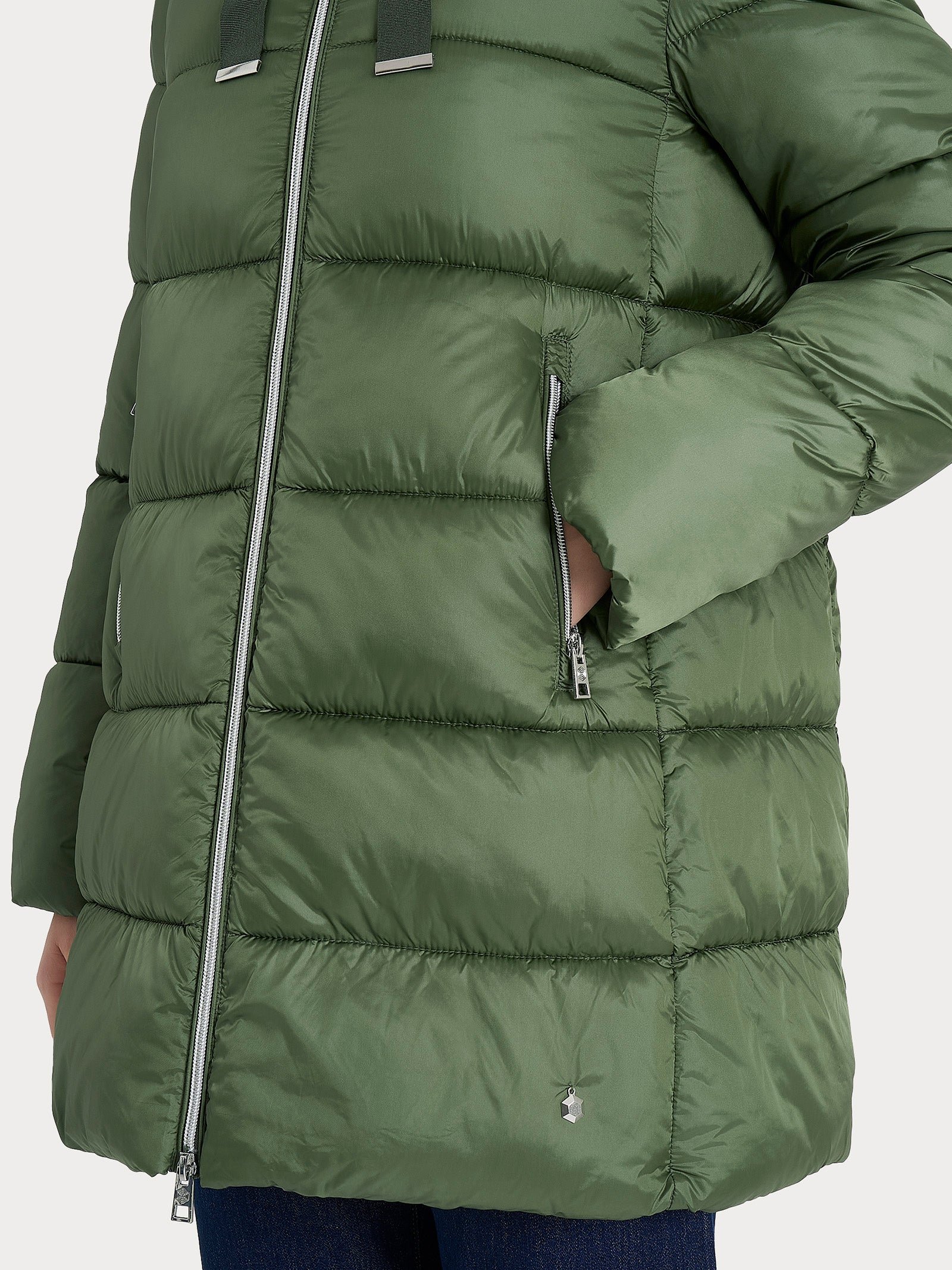 Ragno piumino lungo con cappuccio vegan down bronze green